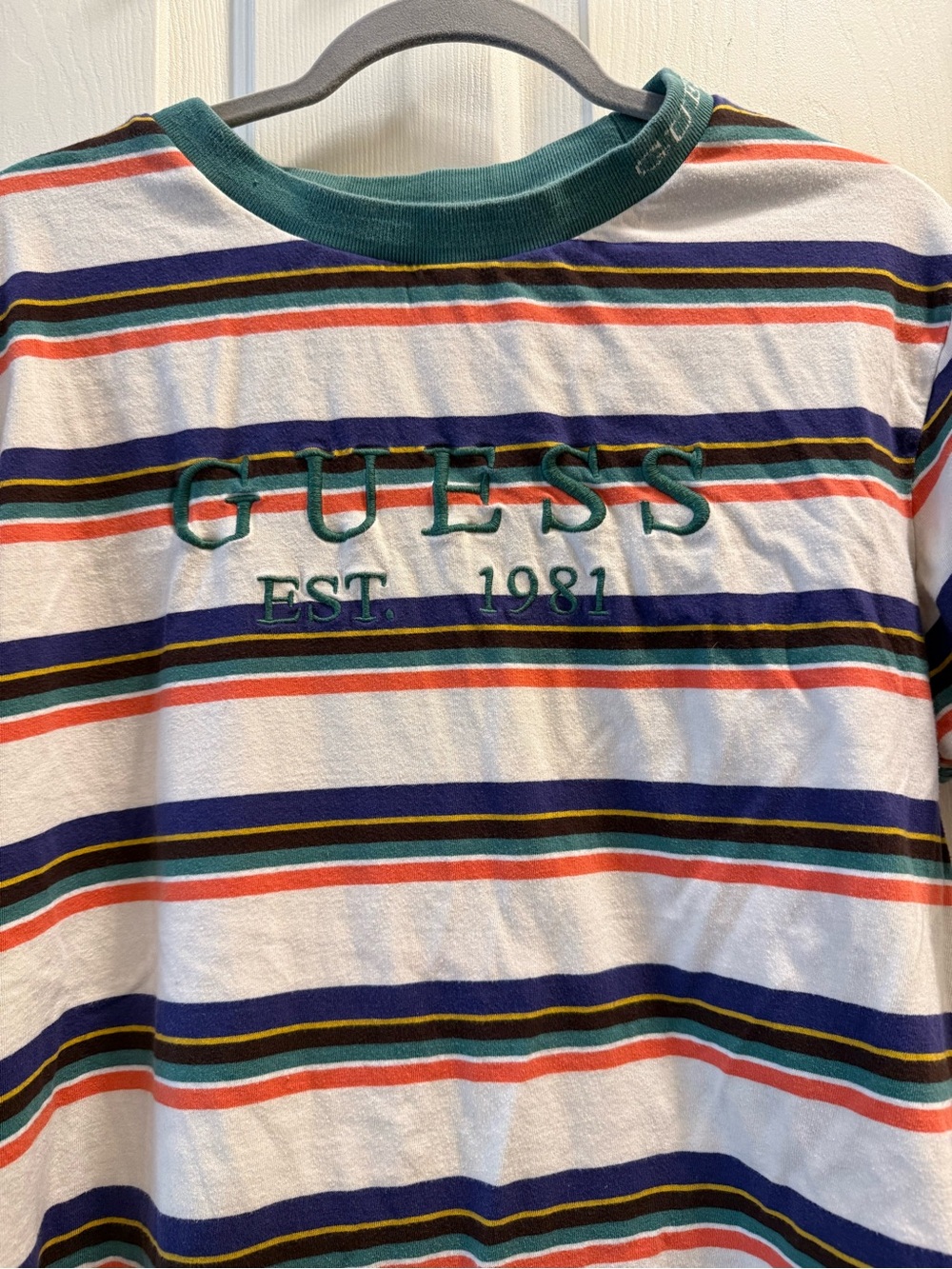 GUESS Vintage Multicolor Striped Short-Sleeve Tee with Green Collar - Medium - Picture 2 of 4